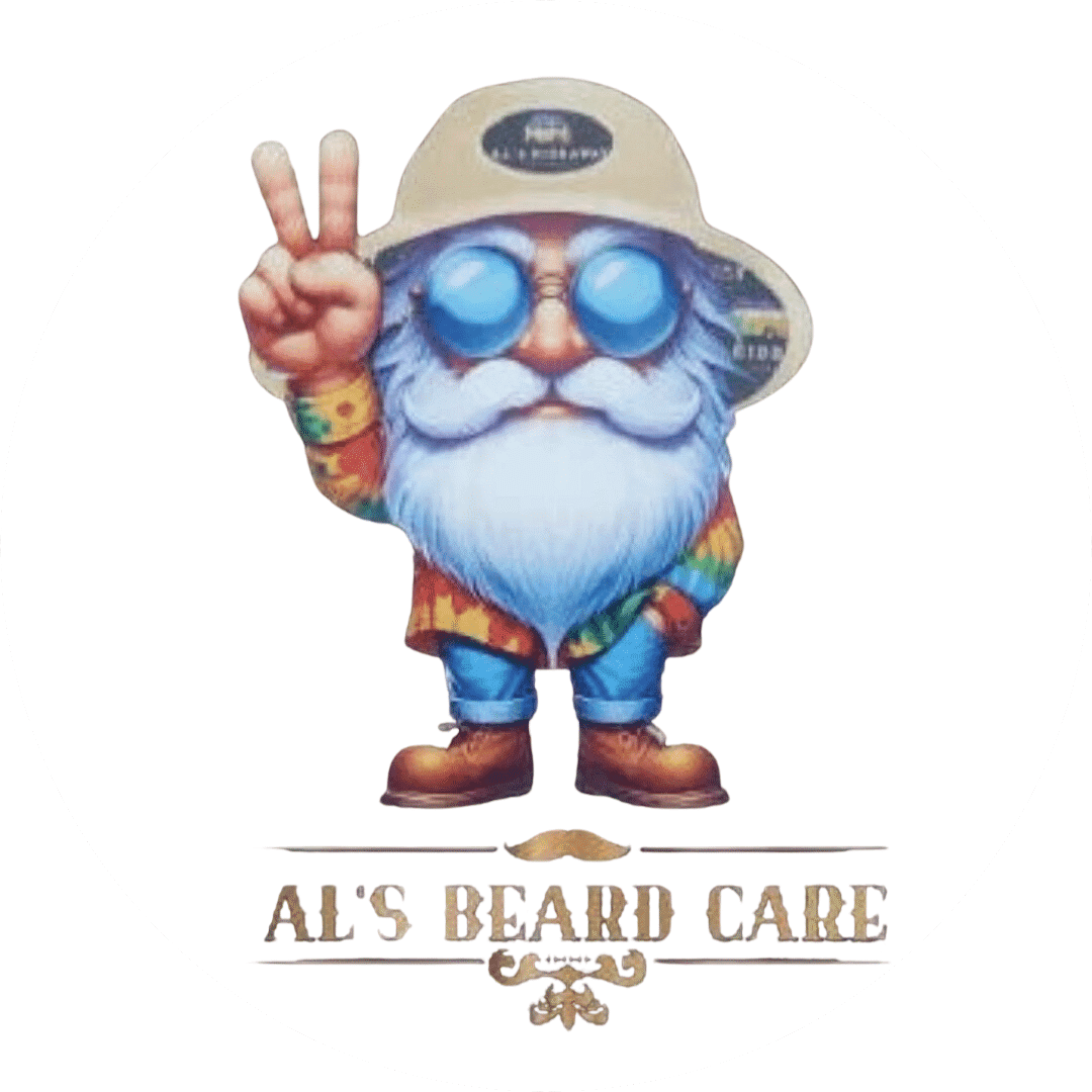 Gnome with a hat and peace sign, logo with text "Al's Beard Care" below.