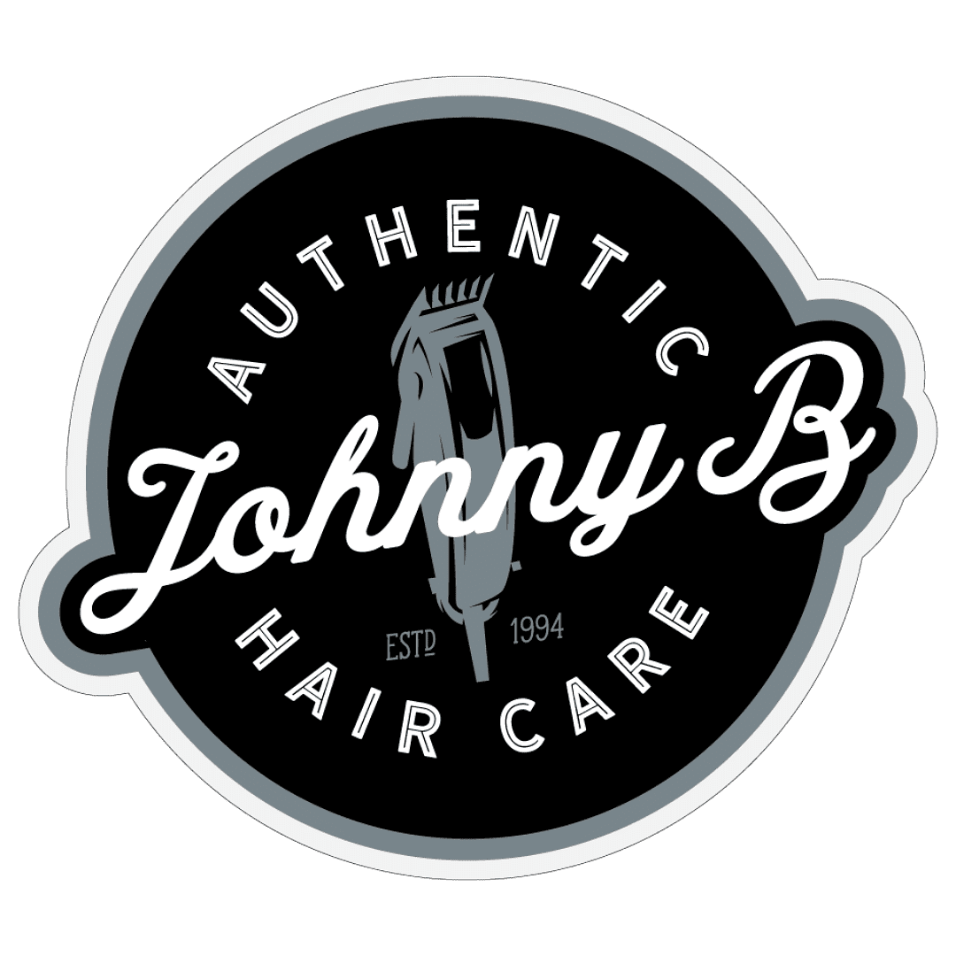 Johnny B Authentic Hair Care logo, established in 1994, featuring a vintage barber clipper.