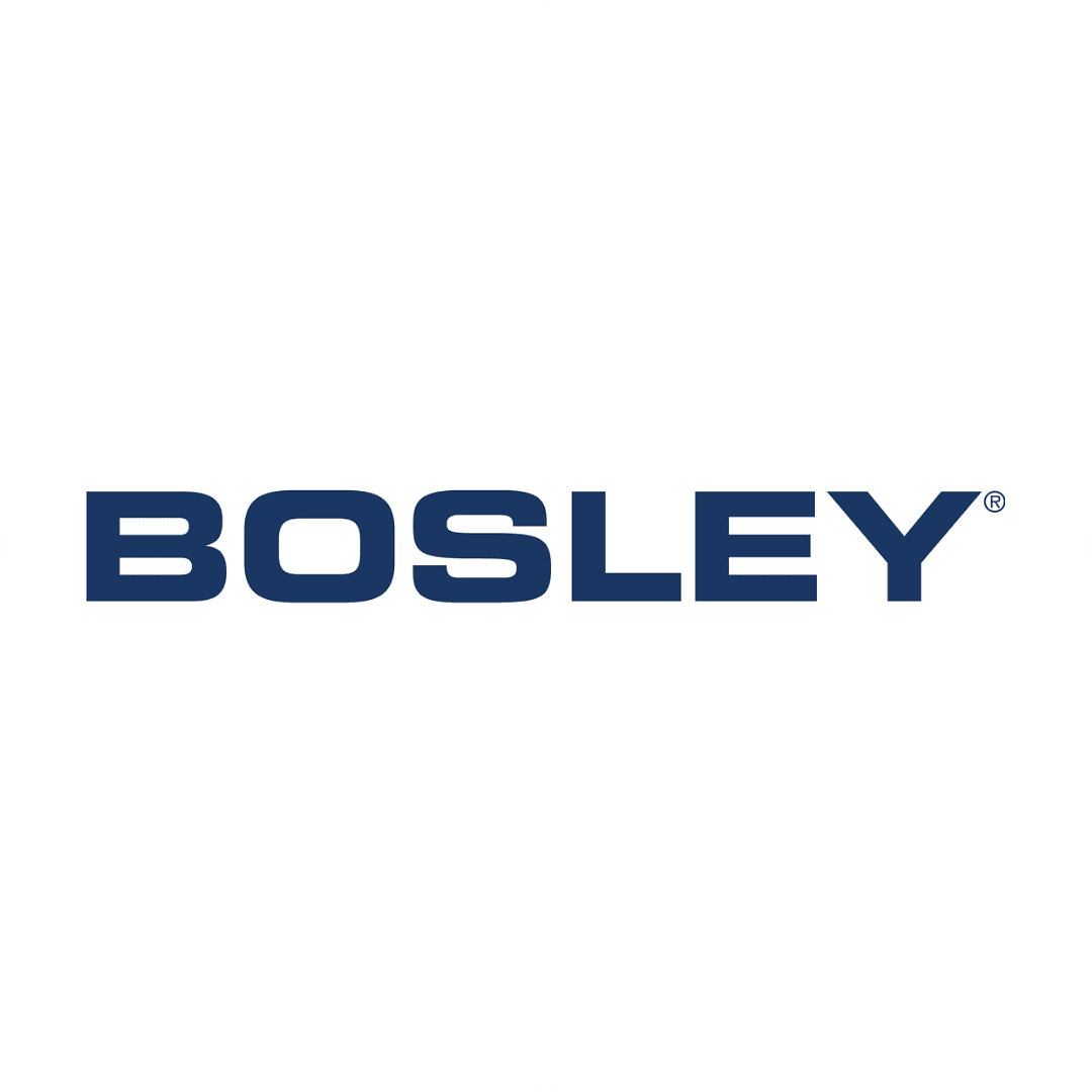 Logo with the word "BOSLEY" in bold blue letters on a white circular background.