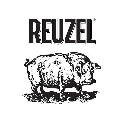 Reuzel logo featuring a detailed black-and-white drawing of a pig in a circular frame.